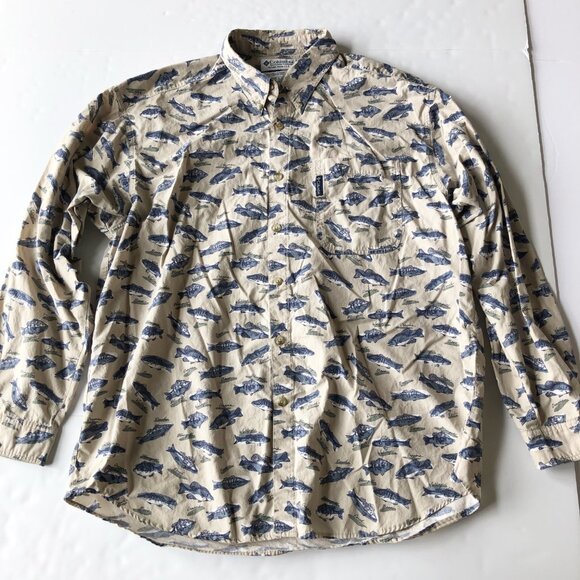 COLUMBIA Fish Print Long Sleeve Tan Button Up Shirt Mens Large Fishing Outdoor - Picture 1 of 7